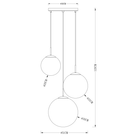 Závesné svietidlo, kov hnedý, sklo jantárové, 3 gule Ø 20 - 25 - 30 cm, Ø 510, V: 1200, bez žiarovie 11