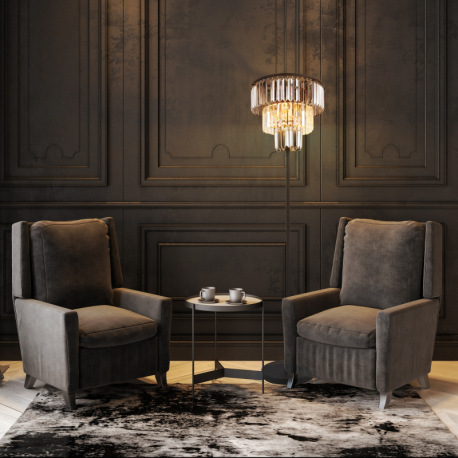 Stojanové svietidlo, kov čierny matný, sklenené krištále dymové, číre, kábel PVC čierny, vyínač na k 14