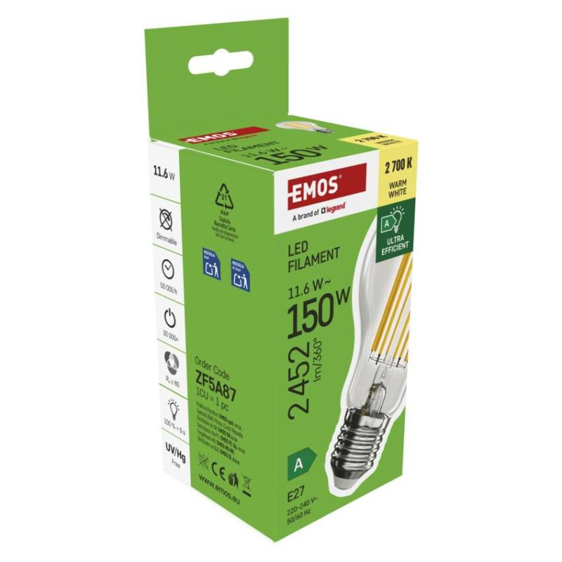 LED žiarovka Filament A70 / E27 / 11.6 W (150 W) / 2 452 lm / teplá biela / A CLASS 9