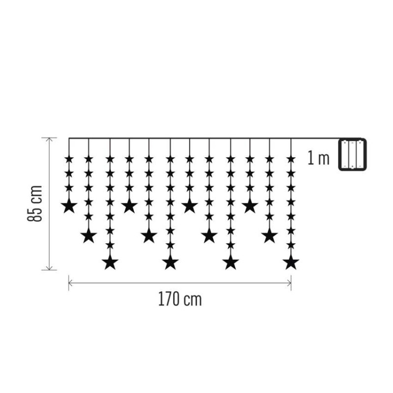 Vianočná LED girlanda – hviezdy, 1,7 m, 3x AA, do interiéru, teplá biela, časovač 1