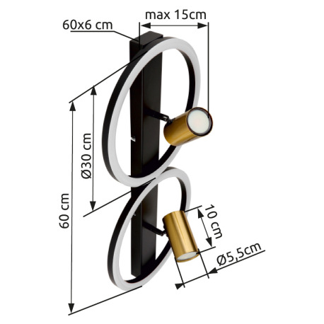 Nástenné svietidlo kov čierny matný, kov mosadz matná, plast biely, DxŠxV: 600x300x155mm, vrátane LE 12