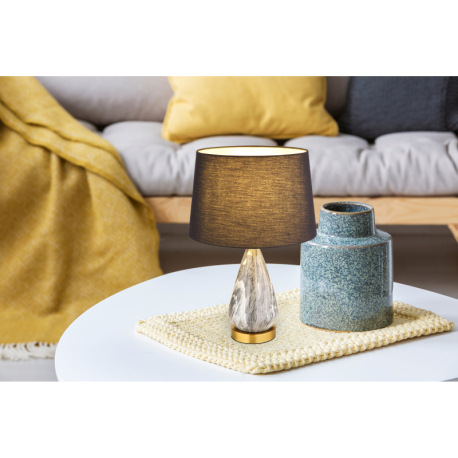 Stolové svietidlo, kov mosadz, textil čierny, textilný kábel farby šampaň, kolískový vypínač na kábl 5