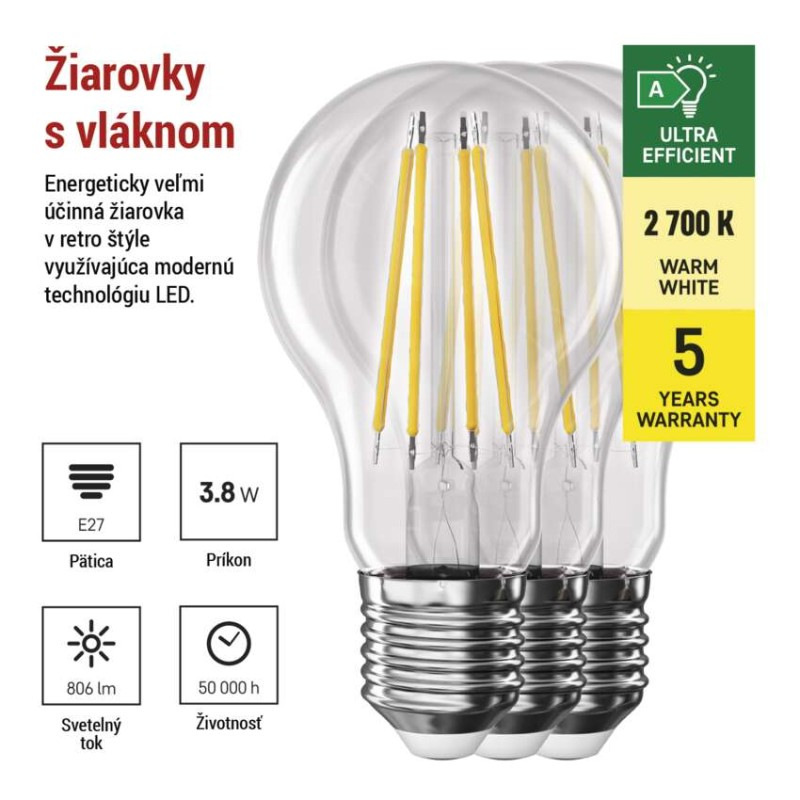 LED žiarovka Filament A60 A CLASS/ E27 / 3,8 W (60 W) / 806 lm / teplá biela 1