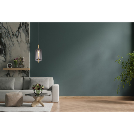 Závesné svietidlo, kov čierny, mosadz, dymové sklo, ø: 220mm, V:1200mm, bez žiarovky 1x E27, max. 60 2