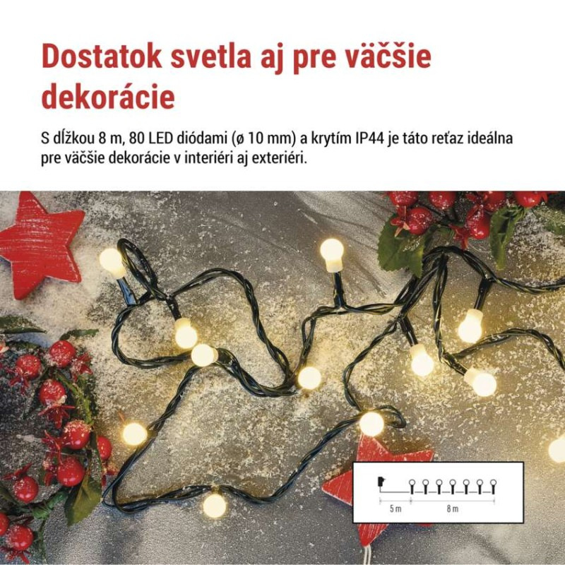 LED vianočná cherry reťaz – guličky, 8 m, vonk. aj vnútor., teplá biela, programy, časovač 1