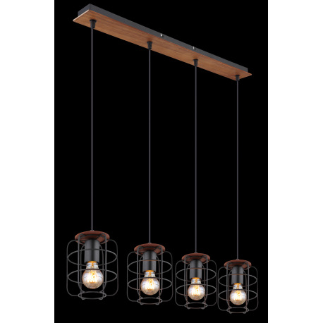 Závesné svietidlo, kov čierny, drevo hnedé, DxŠxV:740x150x1200, bez žiaroviek 4xE27, max. 40W 230V 9