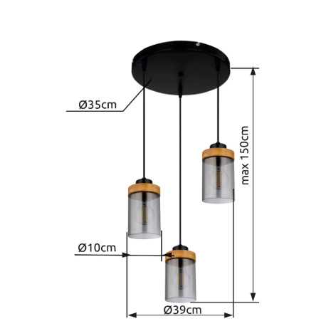 Závesné svietidlo, kov čierny, drevo, dymové sklo, ø: 390mm, V:1500mm, bez žiaroviek 3x E27, max. 40 4