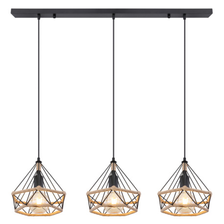 Závesné svietidlo, kov čierny, konopné lano hnedé, kov čierny, DxŠxV:1000x250x1200, bez žiaroviek 3x 4