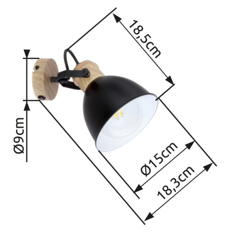 Nástenné svietidlo, kov čierny, kov vo farbe imitujúcej drevo, hnedý, vypínač, ŠxV:150x185, V:180, b 10