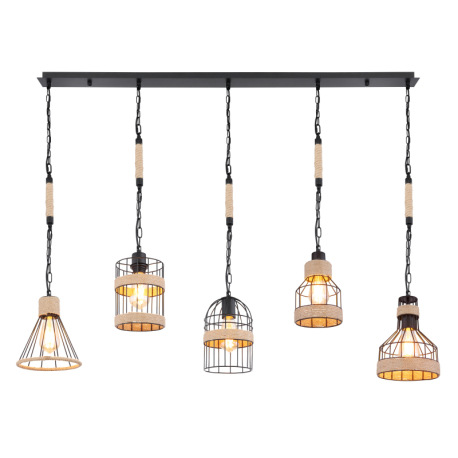 Závesné svietidlo, kov čierny matný, konopné lano hnedé, 5 rôznych tienidiel, čierne reťaze, DxŠxV:1 12