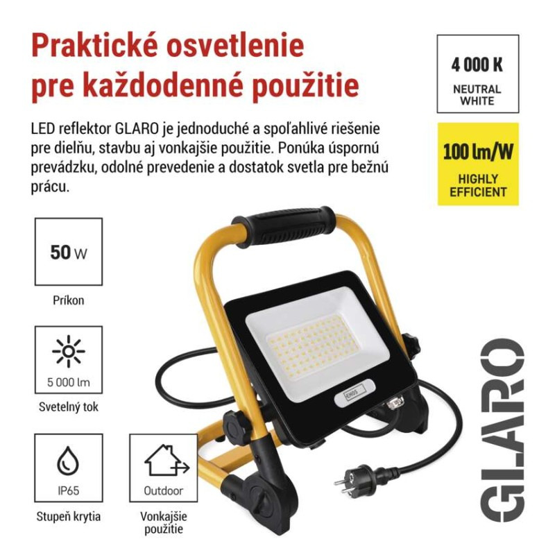 LED reflektor GLARO 50 W, žlto-čierny, IP65, 5000 lm, neutrálna biela 5