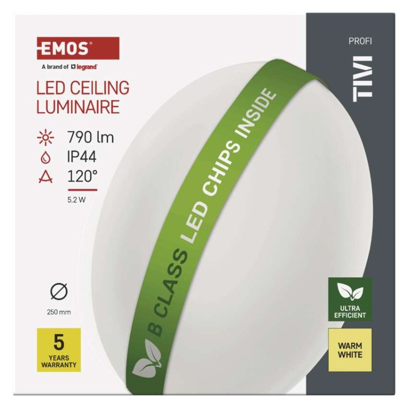 LED stropné svietidlo TIVI, B CLASS, okrúhle biele 5,2W, IP44, Teplá biela 8