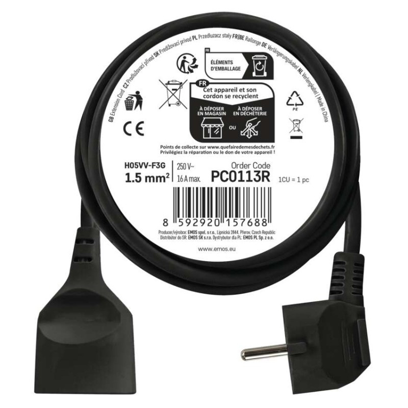 Predlžovací kábel 3 m / 1 zásuvka / čierny / PVC / 1,5 mm2 5