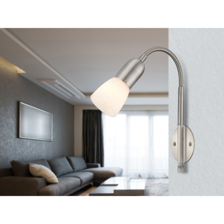 Nástenné svietidlo, nikel matný, biele sklo, vrátane transparentného kábel 1,5m, flexi, vypínač, 290 2