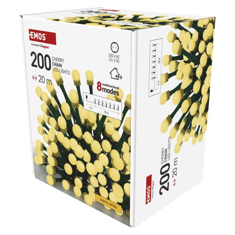 LED vianočná cherry reťaz – guličky, 20 m, vonk. aj vnútor.,teplá biela, programy, časovač 3