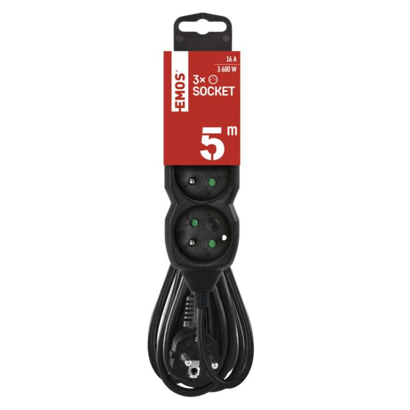 Predlžovací kábel 5 m / 3 zásuvky / čierny / PVC / 1,5 mm2