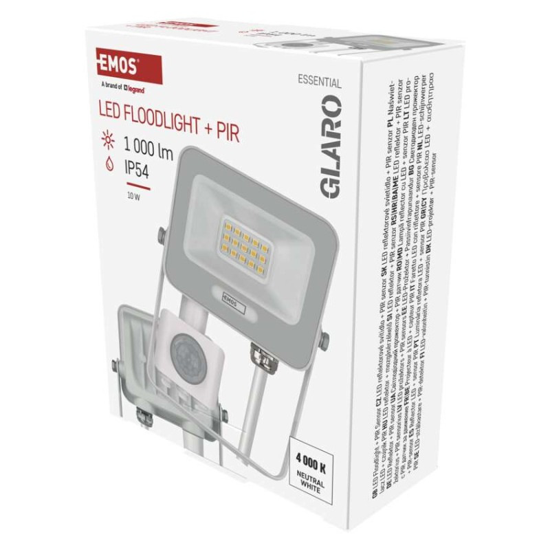 LED reflektor GLARO s pohybovým čidlom, 10 W, biely, IP54, 1000 lm, neutrálna biela