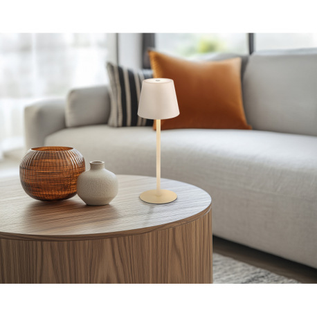 Stolová lampa, kov/plast pieskový/biely, dotyk. zap/vyp/stmievanie, USB-A 2.0 - USB-C; aku CR18650 1 20