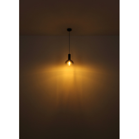 Závesné svietidlo kov čierny matný, kov imitácia dreva, sklo dymové, kábel PVC čierny, DxŠxV: 770x33 4