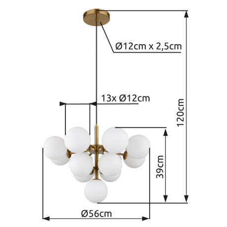 Závesné svietidlo, kov zlatej farby, sklenené gule biele, čierny textilný kábel, ø: 560 mm, V: 1200 16