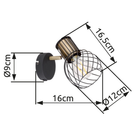 Nástenné svietidlo, kov čierny, mosadzný, vypínač, ŠxV:120x165, H: 160, bez žiarovky 1xE27, max. 40W 16