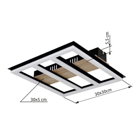 Stropné svietidlo kov čierny mat, MDF imitácia dreva, plast biely, hliník čierny mat, DxŠxV: 300x300 8