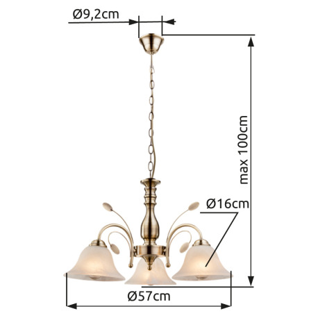 Závesné svietidlo, mosadz, sklo biele alabaster, Ø 600, V: 1000, bez žiaroviek 3xE27, max. 60W 230V. 4