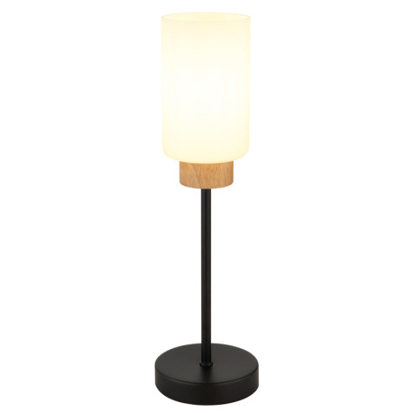 Stolová lampa, matný čierny kov, matné biele sklo, tmavý dub, čierny textilný kábel, kolískový vypín 7