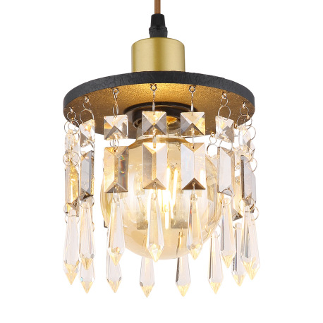Závesné svietidlo, mosadz, drevo čierne, sklenené krištále, textilný kábel hnedý, nastaviteľná výška 12