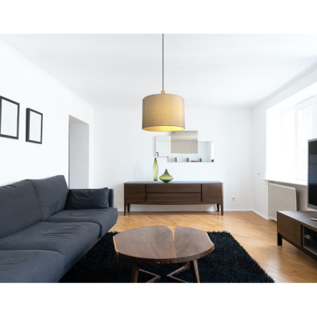 Závesné svietidlo, kov čierny, drevo sivé, textil sivý, textilný kábel, Ø 400, V: 1200, bez žiarovky 1