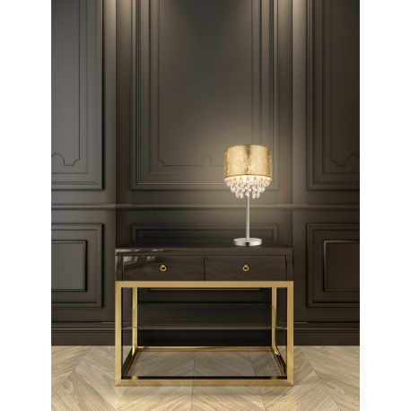 Stolová lampa, kov nikel matný, textil zlatý, akrylové krištále priehľadné, kábel 1,5m, vypínač, Ø 3 1