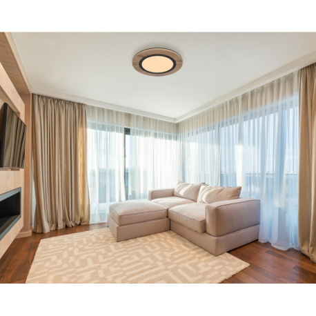 Stropné svietidlo kov čierna matná, MDF imitácia dreva, plast biely, ø: 400mm, V: 45mm, LED 15W 230V 5