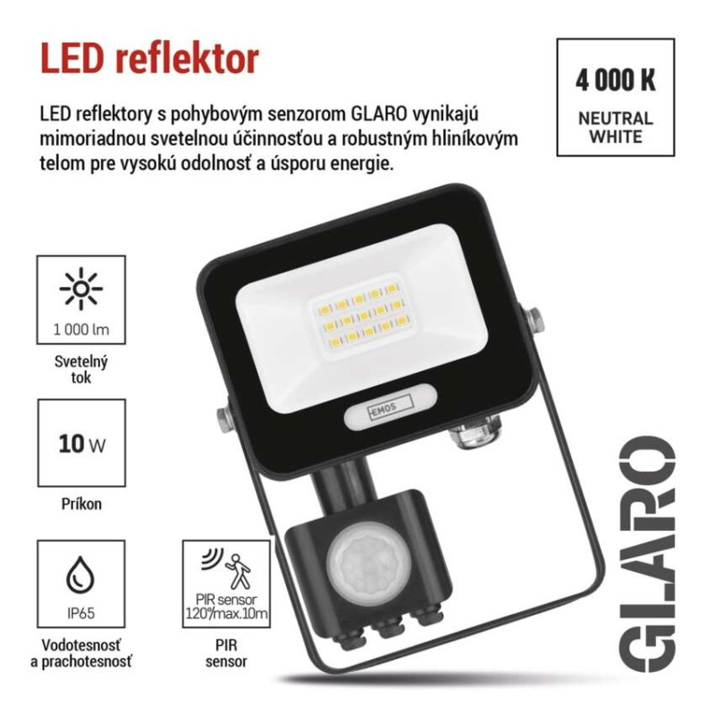 LED reflektor GLARO s pohybovým čidlom, 10 W, čierny, IP54, 1000 lm, neutrálna biela 6