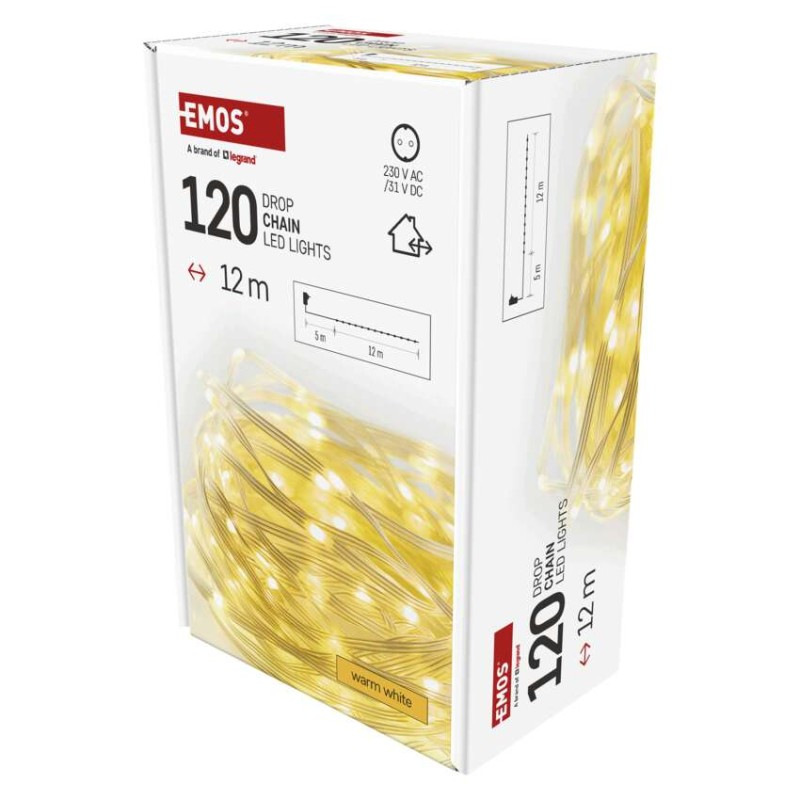 LED vianočná drop reťaz, 12 m, vonkajšia aj vnútorná, teplá biela, časovač