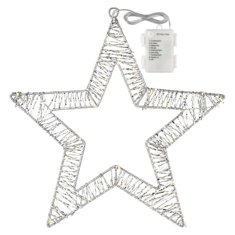 LED dekorácia – závesná hviezda, 3xAA, teplá biela, časovač 1