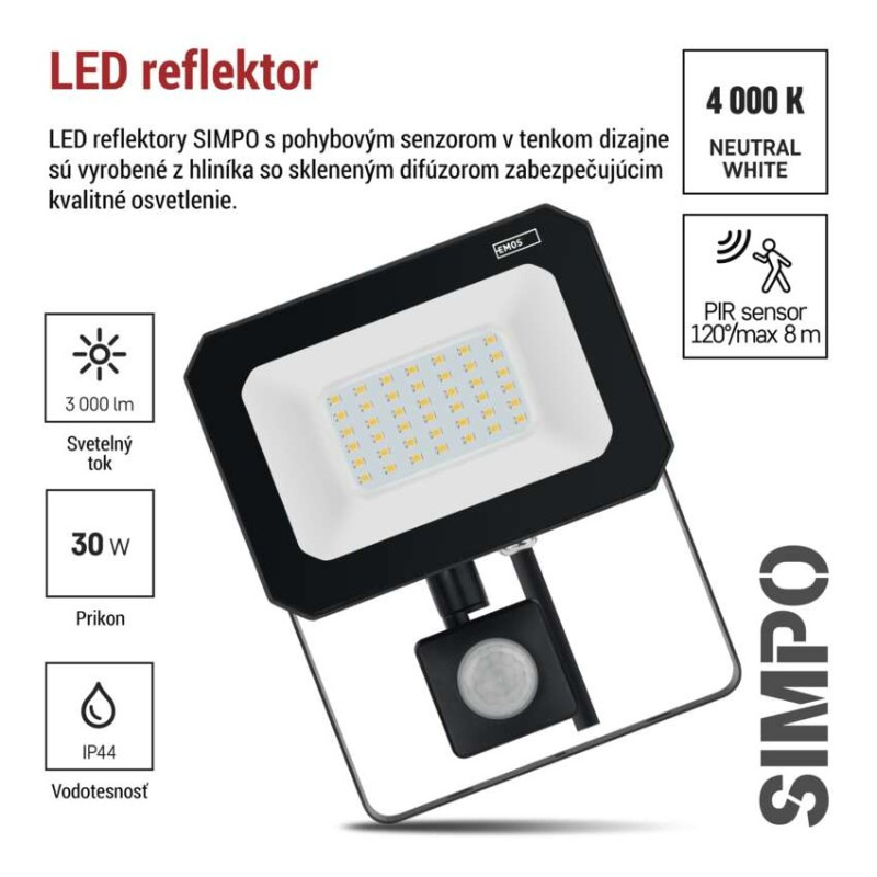 LED REFLEKTOR SIMPO 30W 3000LM IP44 NW PIR 5