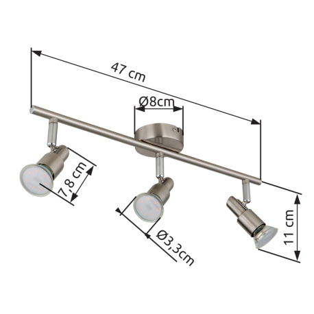 Stropné svietidlo, kov nikel matný, kov chróm, DxŠxV: 470x80x110mm, vrátane žiarovky 3xGU10 LED 3W 2 7