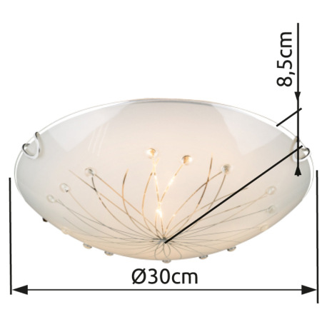 Stropné svietidlo, kov biely, chróm, satinované sklo, dekoračné kamienky, priehľadné ozdobné linky, 3