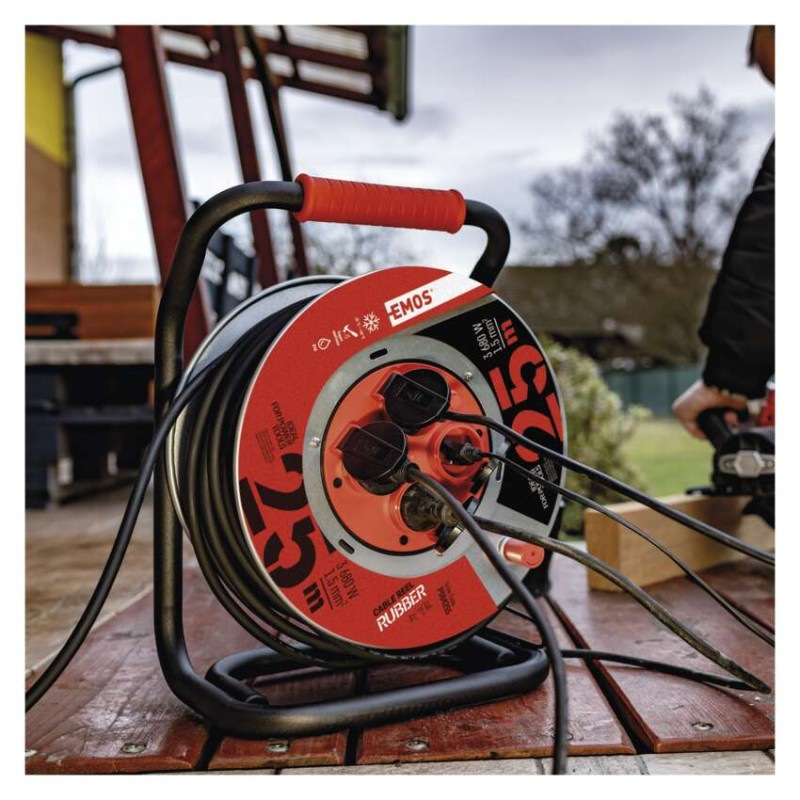 Vonkajší predlžovací kábel na bubne 25 m / 4 zásuvky / čierny / guma / 230 V / 1,5 mm2 3