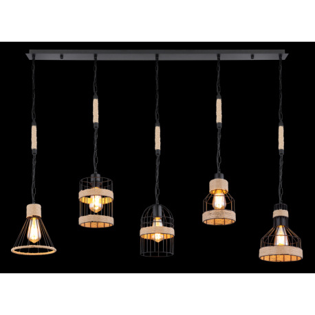 Závesné svietidlo, kov čierny matný, konopné lano hnedé, 5 rôznych tienidiel, čierne reťaze, DxŠxV:1 6