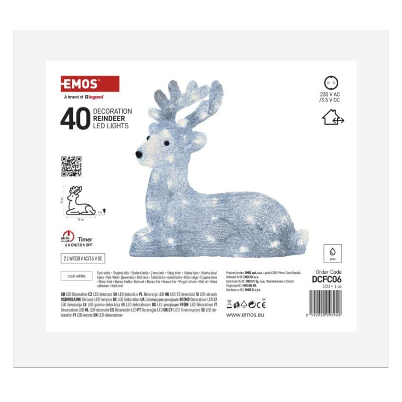 LED vianočný jelenček, 27 cm, vonkajší aj vnútorný, studená biela, časovač 5