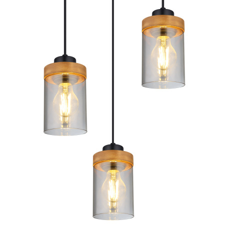 Závesné svietidlo, kov čierny, drevo, dymové sklo, ø: 390mm, V:1500mm, bez žiaroviek 3x E27, max. 40 7