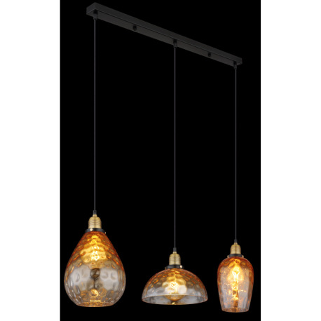 Závesné svietidlo, kov čierny, sklo jantárové, priehľadné, kov mosadzný matný, kábel PVC čierny, mož 9