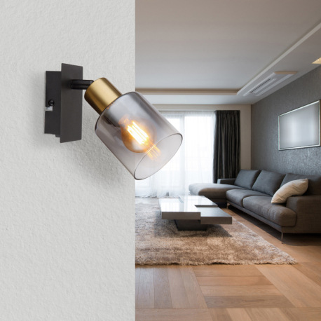 Nástenné svietidlo, kov čierny matný, kov zlatý matný, sklo dymové, priehľadné, kolískový vypínač, Š 7