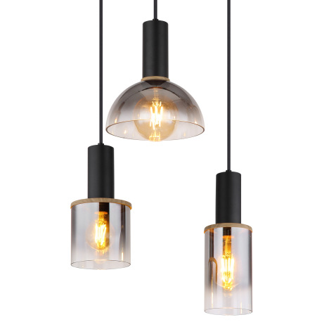 Závesné svietidlo kov čierny matný, kov imitácia dreva, sklo dymové, kábel PVC čierny, DxŠxV: 770x33 9