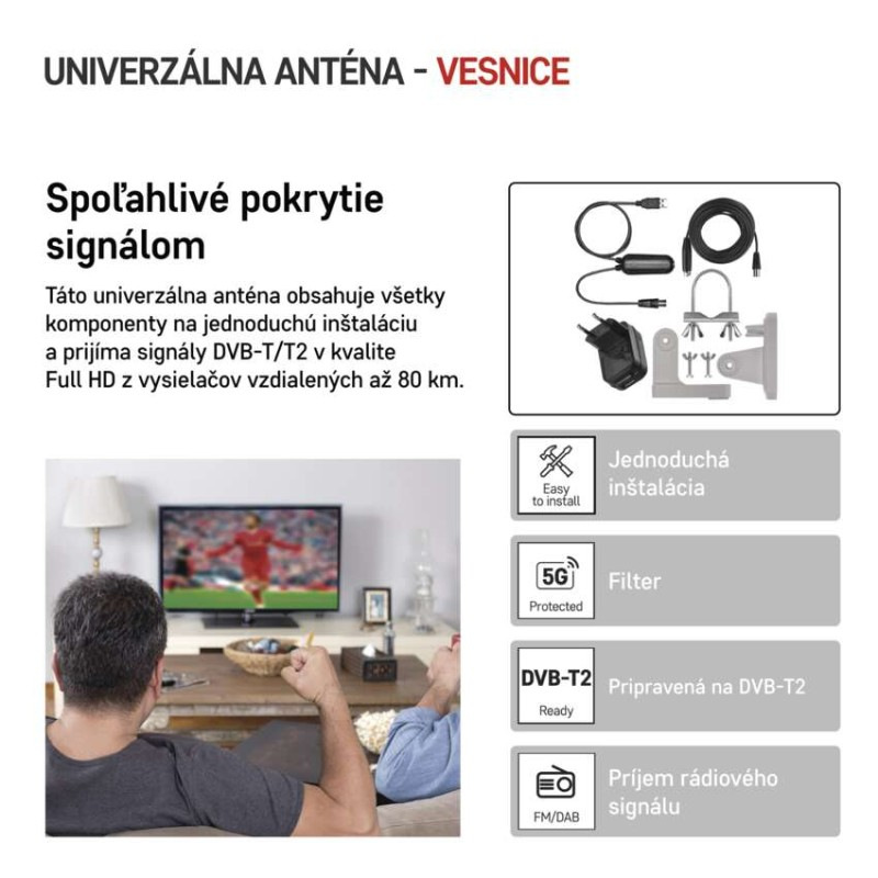 Anténa univerzálna VILLAGE MOON–V900, DVB-T2, FM, DAB, filter LTE/4G/5G 3