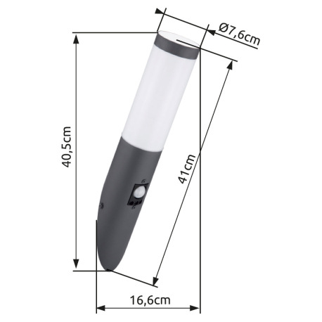 Vonkajšie svietidlo, nerez, antracit, plast biely, IP44, senzor: 90 °, dosah: 2-8m, Ø 76, V: 405, H: 12