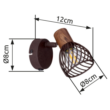 Nástenné svietidlo, kov vo farbe imitujúcu hrdzu, kov imitácia dreva, vypínač, ŠxV:80x120, H:130, be 16