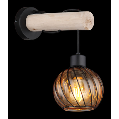 Nástenné svietidlo kov čierny matný, prírodné drevo, sklo jantárovej farby, kábel PVC čierny, smer s 5