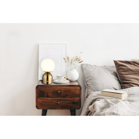 Nabíjateľná stolová lampa, kov mosadz, plast biely, kábel PVC biely, dotykové zapnutie/vypnutie, stm 9